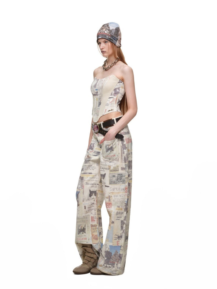 Vintage Cat Newspaper Full-Print Strapless Fishbone Inner Fit Cropped Top【s0000019011】