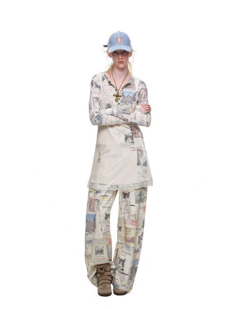 Vintage Cat Newspaper Full-Print Waffle Henry Collar Slim Long-Sleeve T-Shirt【s0000019012】