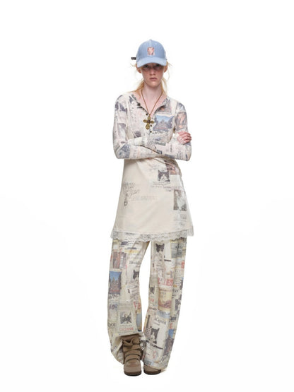Vintage Cat Newspaper Full-Print Waffle Henry Collar Slim Long-Sleeve T-Shirt【s0000019012】