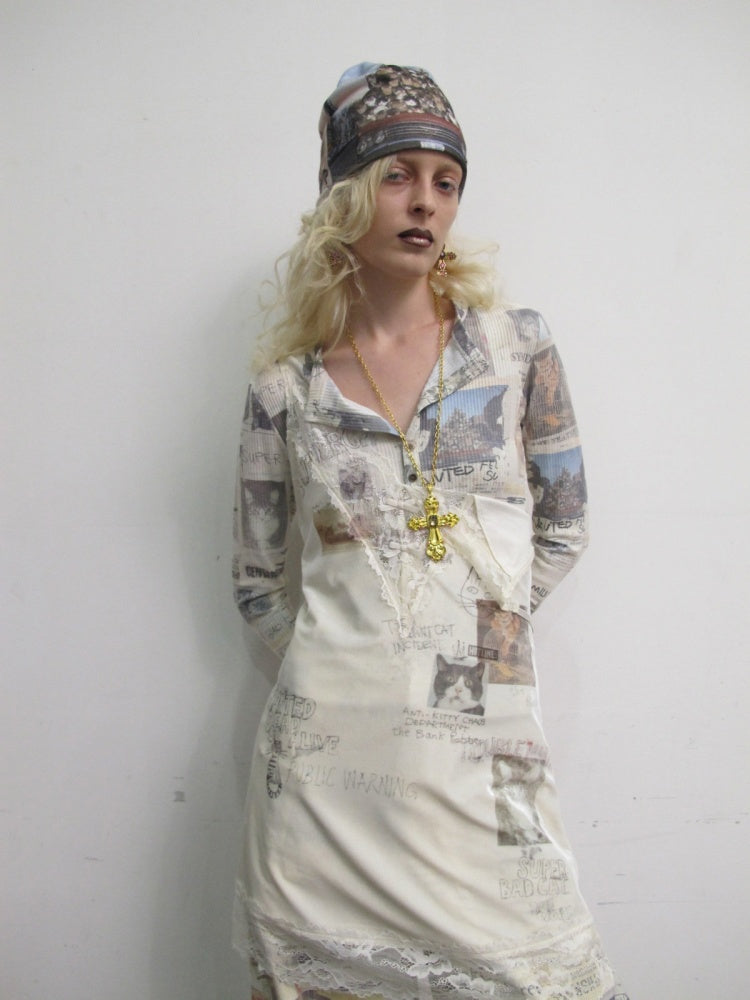Vintage Cat Newspaper Full-Print Waffle Henry Collar Slim Long-Sleeve T-Shirt【s0000019012】