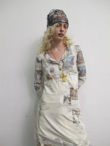 Vintage Cat Newspaper Full-Print Waffle Henry Collar Slim Long-Sleeve T-Shirt【s0000019012】