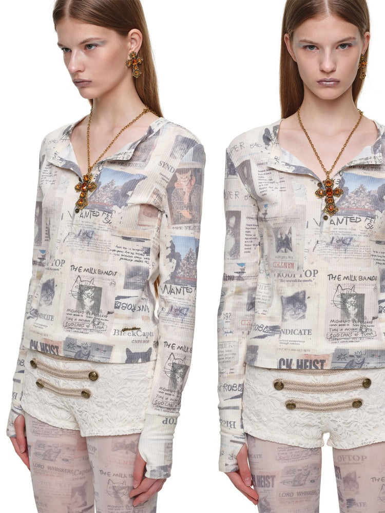 Vintage Cat Newspaper Full-Print Waffle Henry Collar Slim Long-Sleeve T-Shirt【s0000019012】