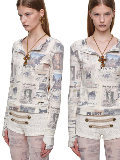 Vintage Cat Newspaper Full-Print Waffle Henry Collar Slim Long-Sleeve T-Shirt【s0000019012】