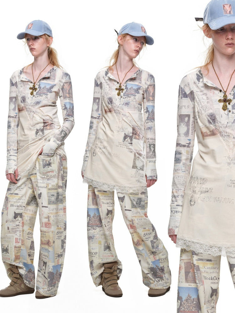 Vintage Cat Newspaper Full-Print Waffle Henry Collar Slim Long-Sleeve T-Shirt【s0000019012】