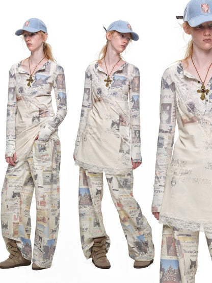 Vintage Cat Newspaper Full-Print Waffle Henry Collar Slim Long-Sleeve T-Shirt【s0000019012】