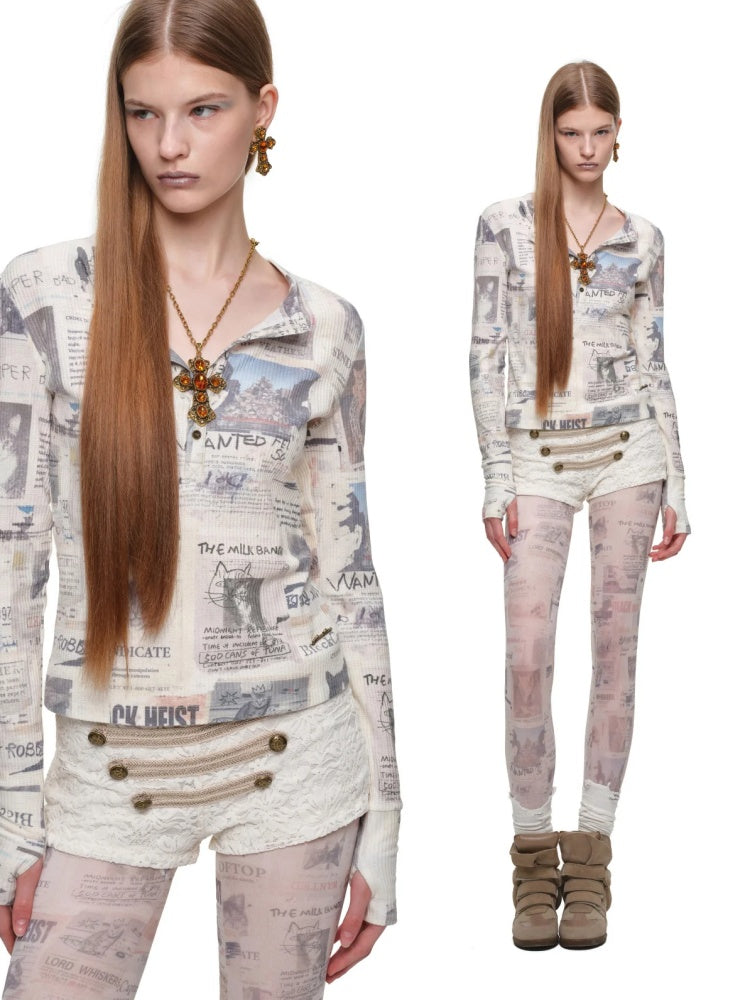 Vintage Cat Newspaper Full-Print Waffle Henry Collar Slim Long-Sleeve T-Shirt【s0000019012】