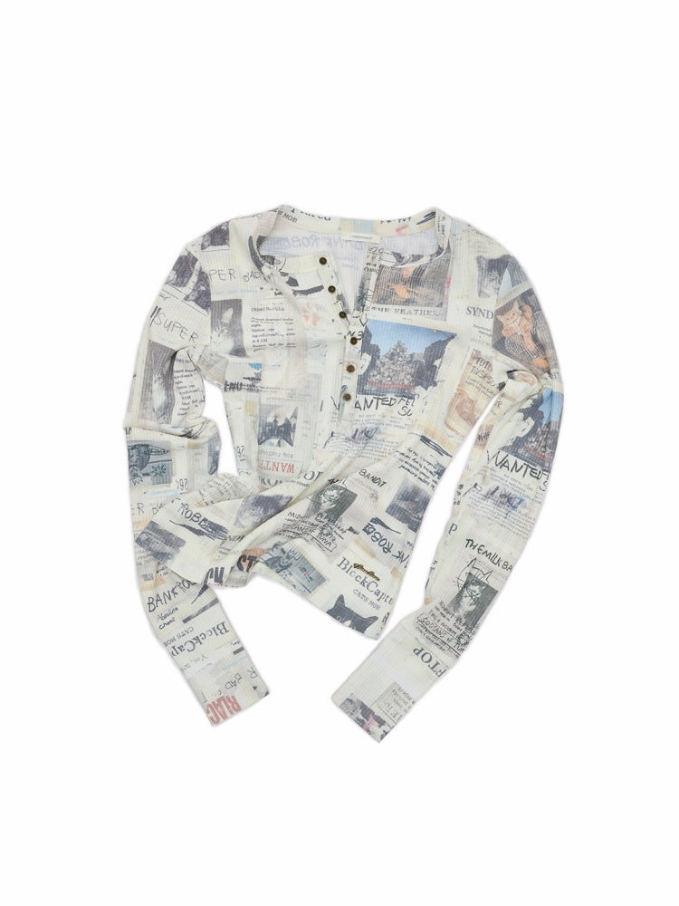 Vintage Cat Newspaper Full-Print Waffle Henry Collar Slim Long-Sleeve T-Shirt【s0000019012】