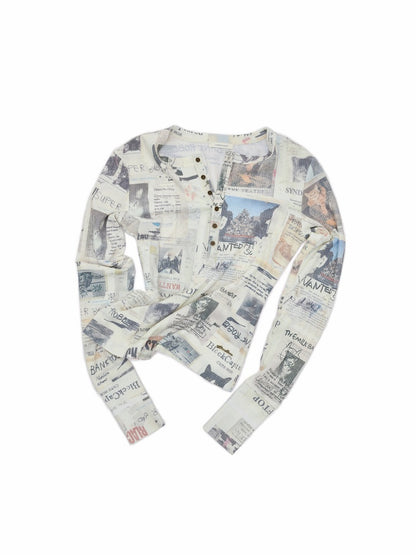 Vintage Cat Newspaper Full-Print Waffle Henry Collar Slim Long-Sleeve T-Shirt【s0000019012】