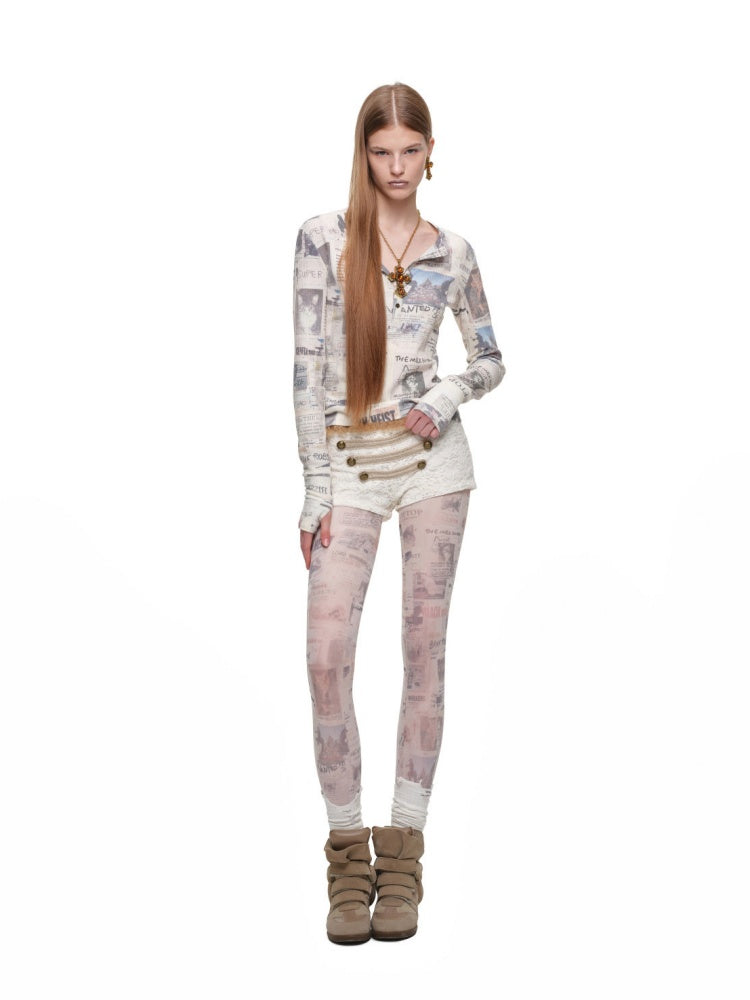 Vintage Cat Newspaper Full-Print Waffle Henry Collar Slim Long-Sleeve T-Shirt【s0000019012】