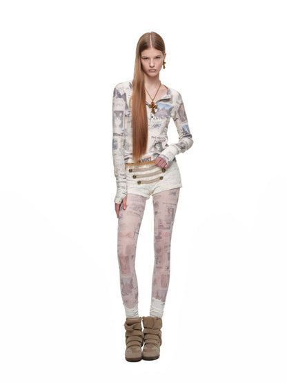 Vintage Cat Newspaper Full-Print Waffle Henry Collar Slim Long-Sleeve T-Shirt【s0000019012】