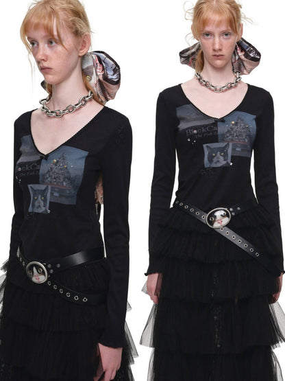 Cat Print Lace V-Neck Rhinestone Long-Sleeve Knit T-Shirt【s0000019013】