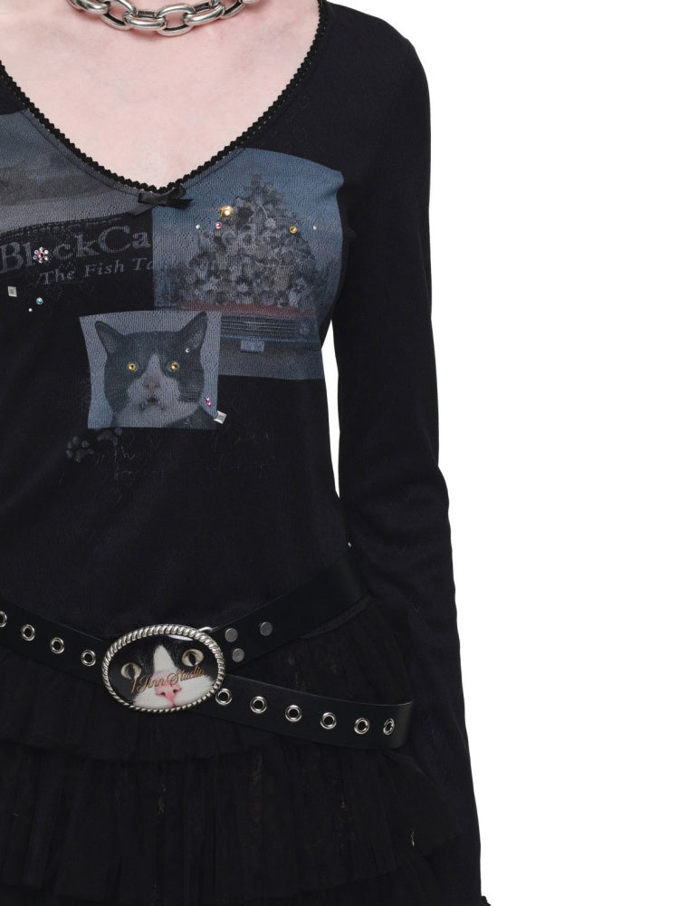 Cat Print Lace V-Neck Rhinestone Long-Sleeve Knit T-Shirt【s0000019013】