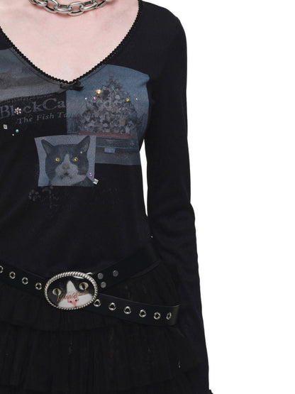 Cat Print Lace V-Neck Rhinestone Long-Sleeve Knit T-Shirt【s0000019013】