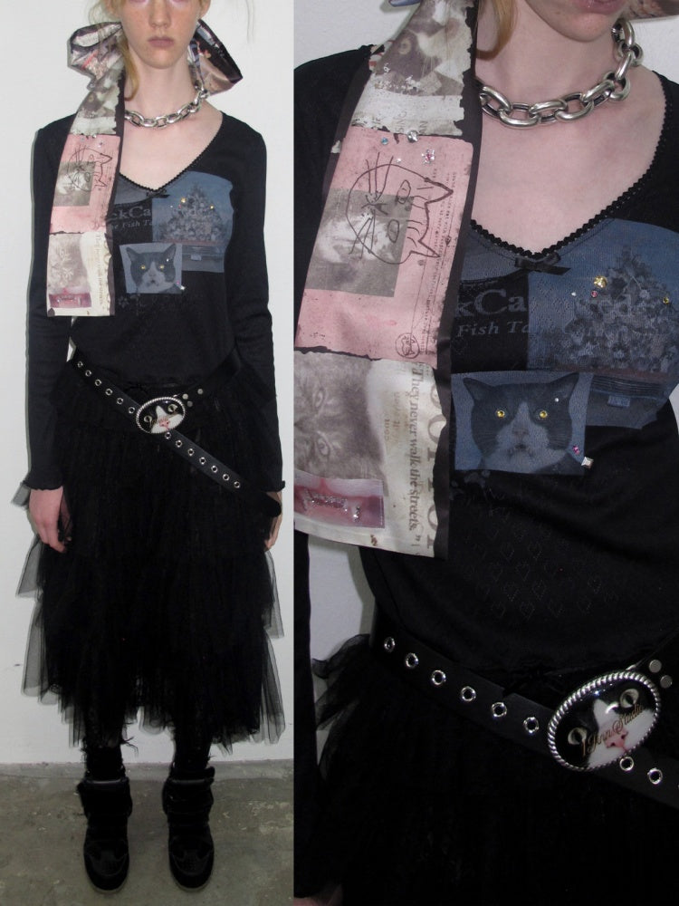 Cat Print Lace V-Neck Rhinestone Long-Sleeve Knit T-Shirt【s0000019013】