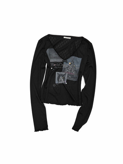 Cat Print Lace V-Neck Rhinestone Long-Sleeve Knit T-Shirt【s0000019013】