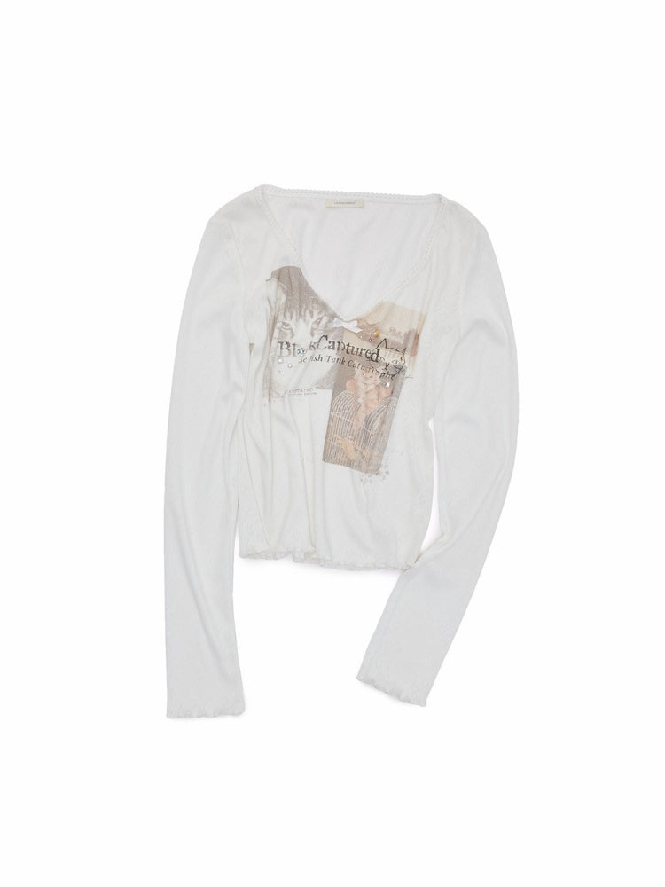 Cat Print Lace V-Neck Rhinestone Long-Sleeve Knit T-Shirt【s0000019013】