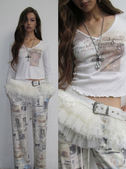 Cat Print Lace V-Neck Rhinestone Long-Sleeve Knit T-Shirt【s0000019013】