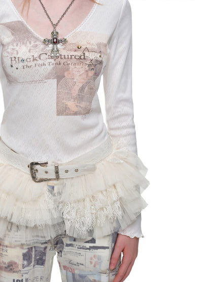 Cat Print Lace V-Neck Rhinestone Long-Sleeve Knit T-Shirt【s0000019013】