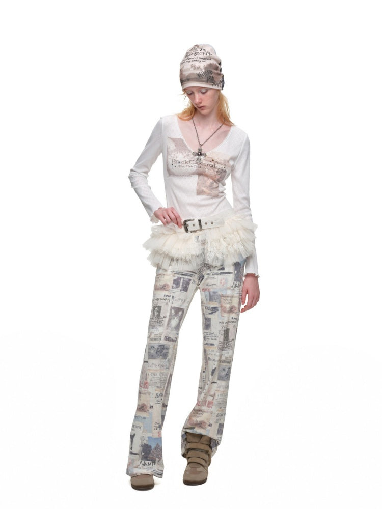 Cat Print Lace V-Neck Rhinestone Long-Sleeve Knit T-Shirt【s0000019013】