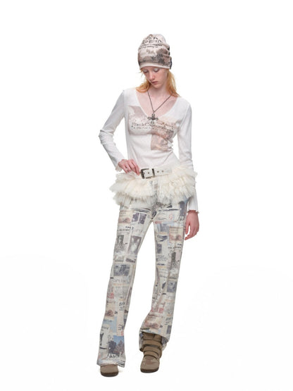 Cat Print Lace V-Neck Rhinestone Long-Sleeve Knit T-Shirt【s0000019013】