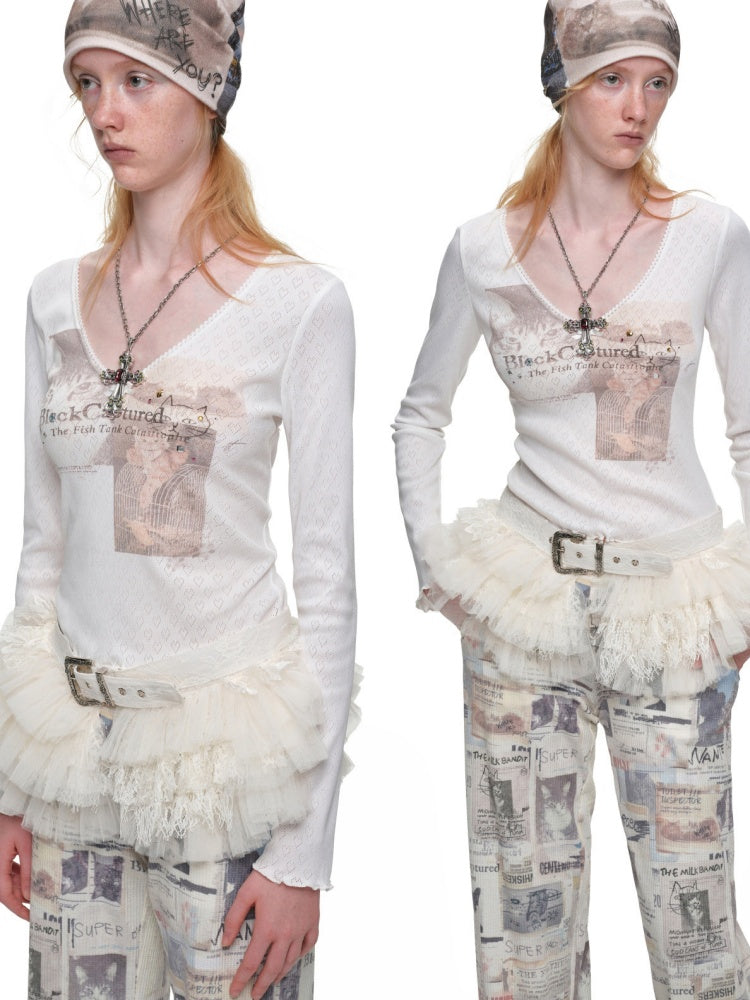 Cat Print Lace V-Neck Rhinestone Long-Sleeve Knit T-Shirt【s0000019013】