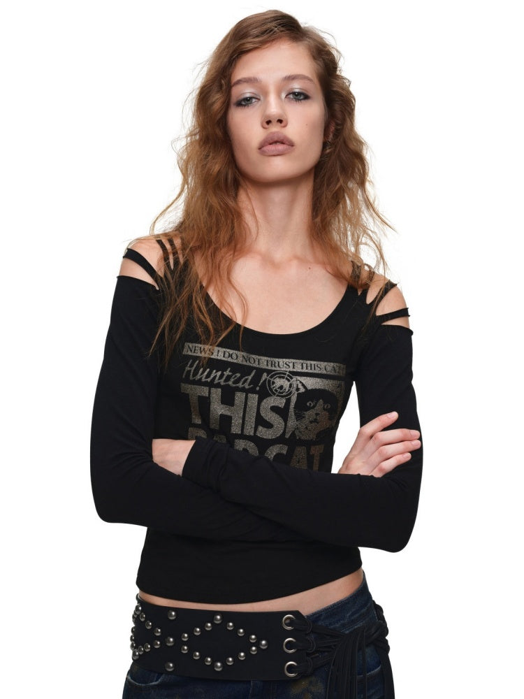 Cat Wanted List Gold-Stamped Crew Neck Ripped Off-Shoulder Slim Long-Sleeve T-Shirt【s0000019014】