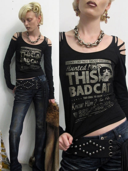 Cat Wanted List Gold-Stamped Crew Neck Ripped Off-Shoulder Slim Long-Sleeve T-Shirt【s0000019014】