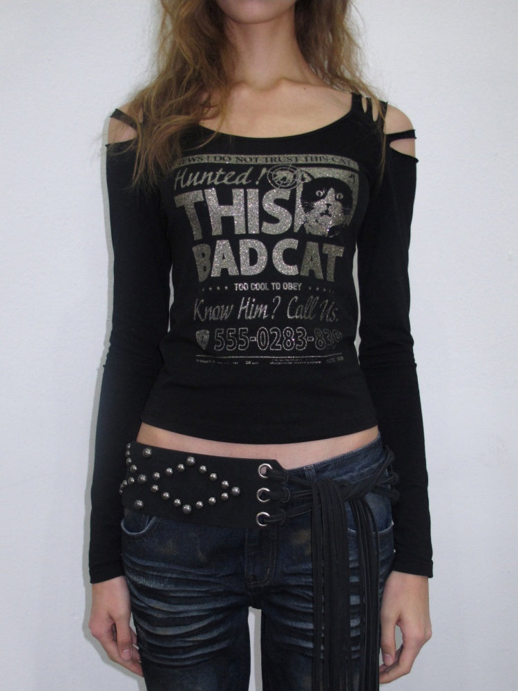 Cat Wanted List Gold-Stamped Crew Neck Ripped Off-Shoulder Slim Long-Sleeve T-Shirt【s0000019014】