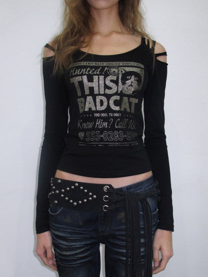 Cat Wanted List Gold-Stamped Crew Neck Ripped Off-Shoulder Slim Long-Sleeve T-Shirt【s0000019014】