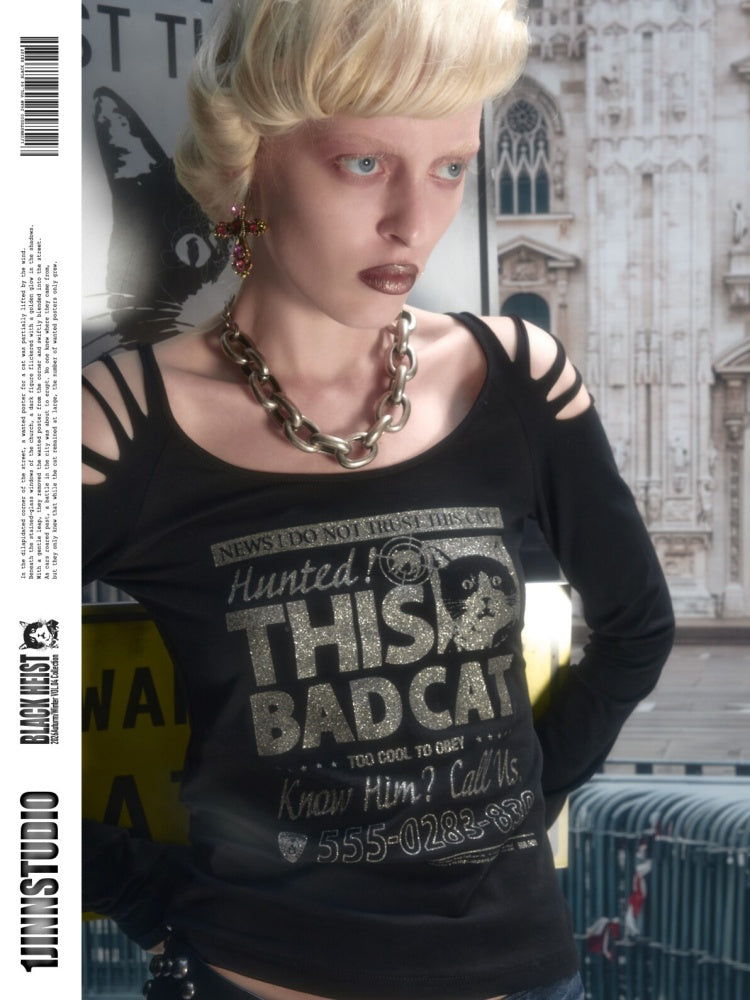 Cat Wanted List Gold-Stamped Crew Neck Ripped Off-Shoulder Slim Long-Sleeve T-Shirt【s0000019014】