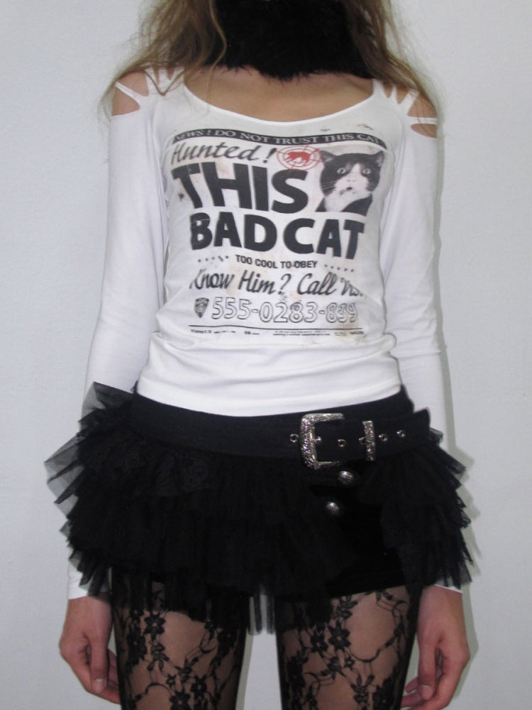 Cat Wanted List Gold-Stamped Crew Neck Ripped Off-Shoulder Slim Long-Sleeve T-Shirt【s0000019014】