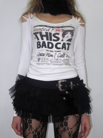 Cat Wanted List Gold-Stamped Crew Neck Ripped Off-Shoulder Slim Long-Sleeve T-Shirt【s0000019014】