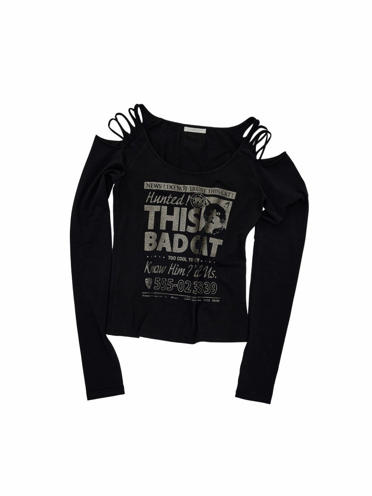 Cat Wanted List Gold-Stamped Crew Neck Ripped Off-Shoulder Slim Long-Sleeve T-Shirt【s0000019014】