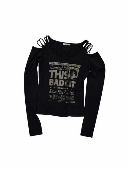 Cat Wanted List Gold-Stamped Crew Neck Ripped Off-Shoulder Slim Long-Sleeve T-Shirt【s0000019014】