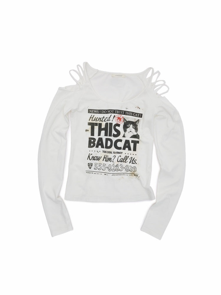 Cat Wanted List Gold-Stamped Crew Neck Ripped Off-Shoulder Slim Long-Sleeve T-Shirt【s0000019014】