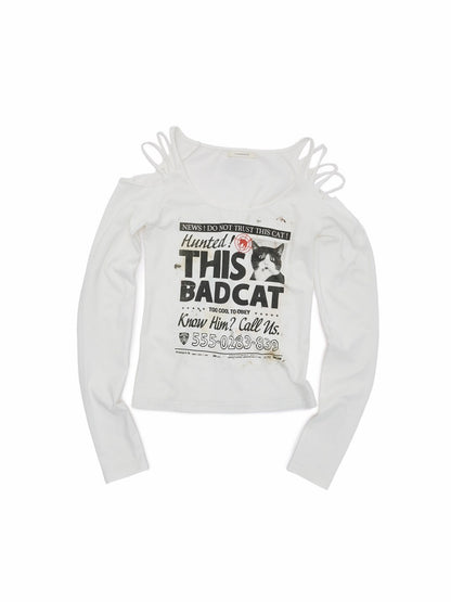 Cat Wanted List Gold-Stamped Crew Neck Ripped Off-Shoulder Slim Long-Sleeve T-Shirt【s0000019014】