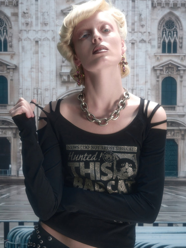 Cat Wanted List Gold-Stamped Crew Neck Ripped Off-Shoulder Slim Long-Sleeve T-Shirt【s0000019014】