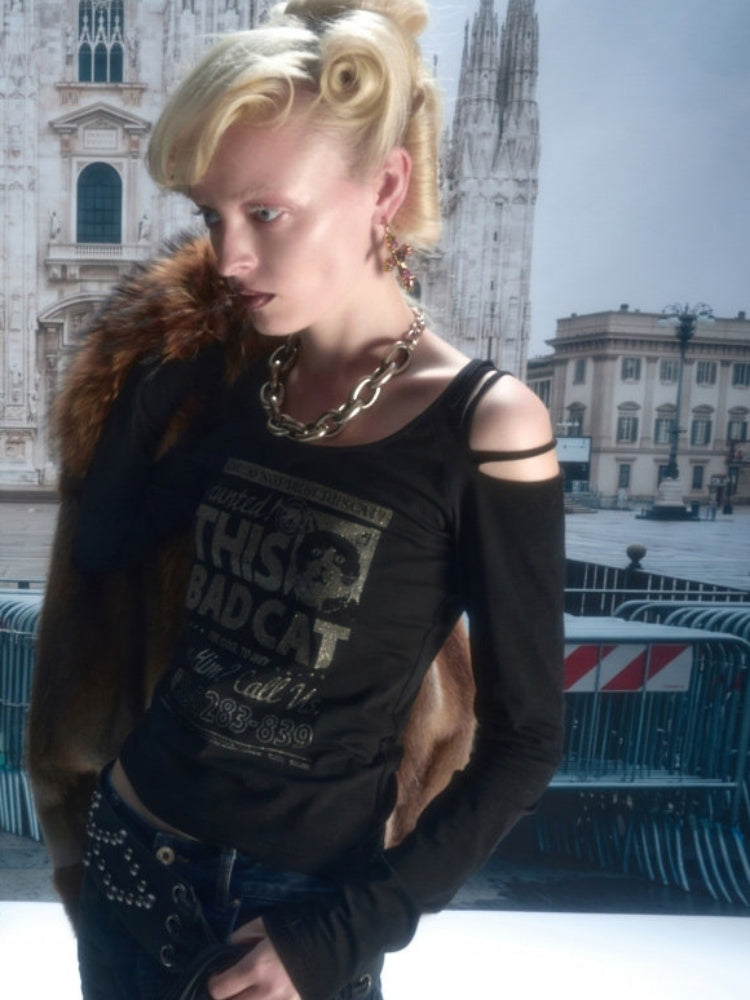 Cat Wanted List Gold-Stamped Crew Neck Ripped Off-Shoulder Slim Long-Sleeve T-Shirt【s0000019014】
