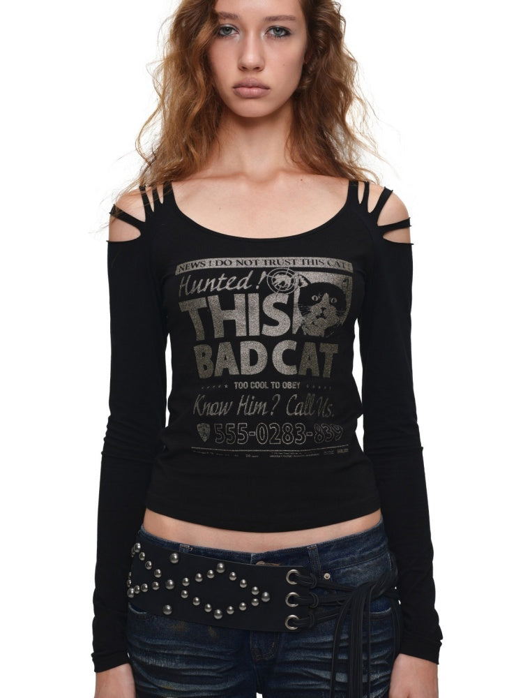 Cat Wanted List Gold-Stamped Crew Neck Ripped Off-Shoulder Slim Long-Sleeve T-Shirt【s0000019014】