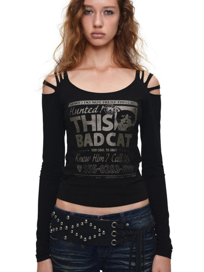 Cat Wanted List Gold-Stamped Crew Neck Ripped Off-Shoulder Slim Long-Sleeve T-Shirt【s0000019014】