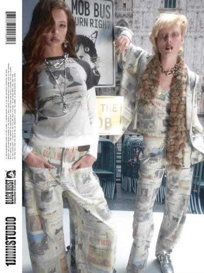 American Vintage Cat Print Color-Block Fake Two-Piece Raglan Long-Sleeve T-Shirt【s0000019015】
