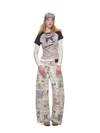 American Vintage Cat Print Color-Block Fake Two-Piece Raglan Long-Sleeve T-Shirt【s0000019015】