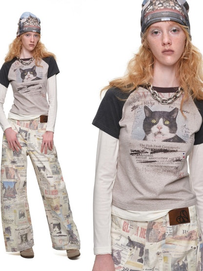 American Vintage Cat Print Color-Block Fake Two-Piece Raglan Long-Sleeve T-Shirt【s0000019015】