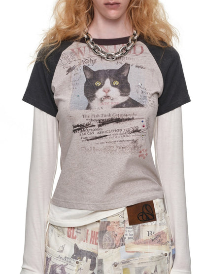 American Vintage Cat Print Color-Block Fake Two-Piece Raglan Long-Sleeve T-Shirt【s0000019015】