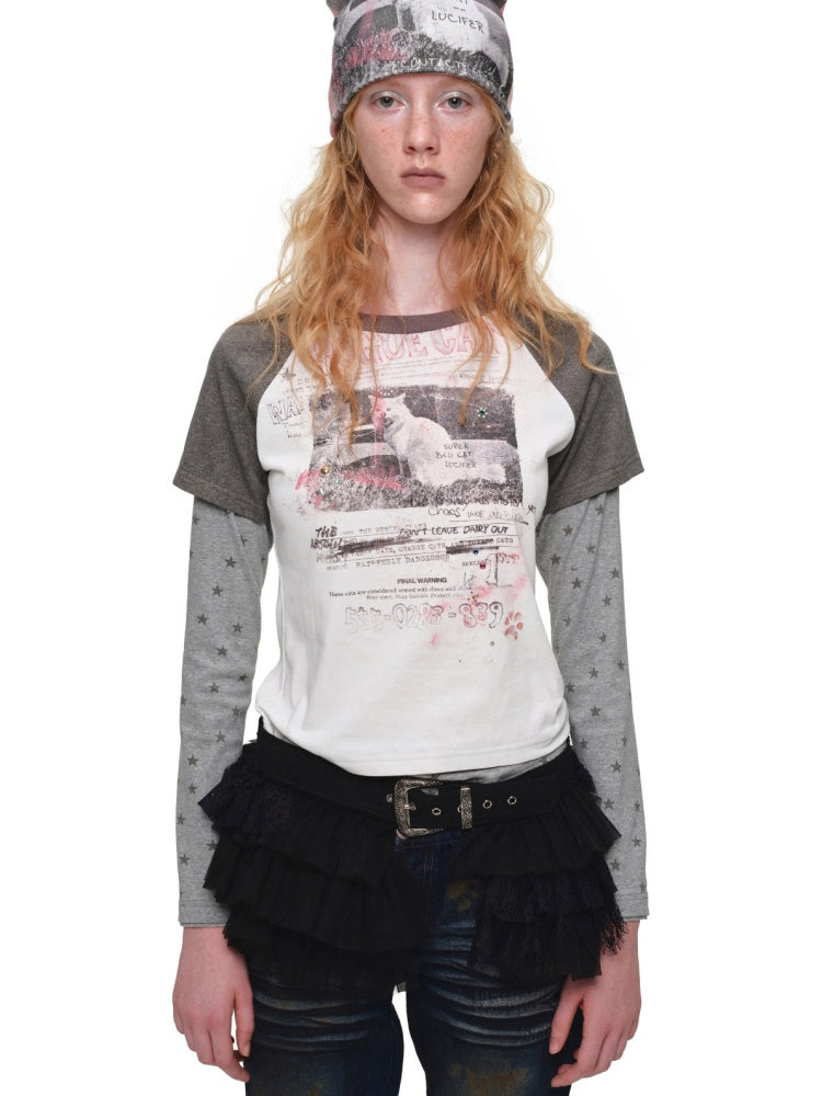 American Vintage Cat Print Color-Block Fake Two-Piece Raglan Long-Sleeve T-Shirt【s0000019015】