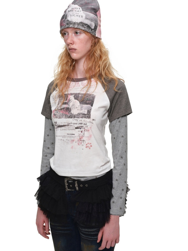 American Vintage Cat Print Color-Block Fake Two-Piece Raglan Long-Sleeve T-Shirt【s0000019015】