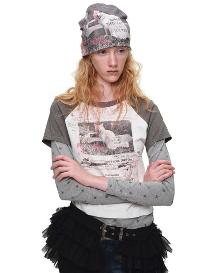 American Vintage Cat Print Color-Block Fake Two-Piece Raglan Long-Sleeve T-Shirt【s0000019015】