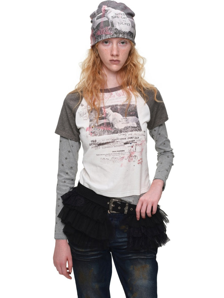 American Vintage Cat Print Color-Block Fake Two-Piece Raglan Long-Sleeve T-Shirt【s0000019015】