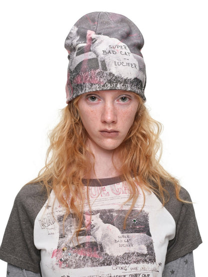 American Vintage Cat Print Color-Block Fake Two-Piece Raglan Long-Sleeve T-Shirt【s0000019015】