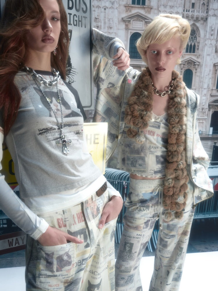 American Vintage Cat Print Color-Block Fake Two-Piece Raglan Long-Sleeve T-Shirt【s0000019015】